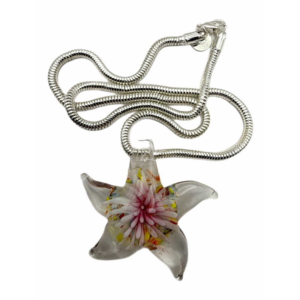 Art Glass Starfish Pendant Necklace Silver Tone Snake Chain Murano Style Pink